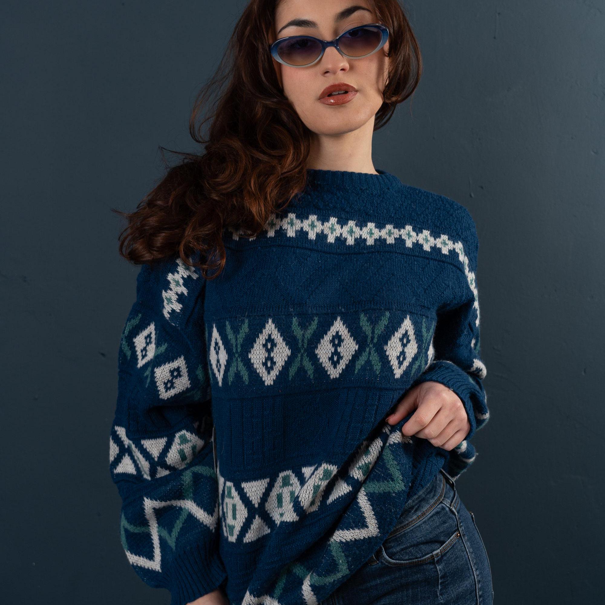 Vintage Grandpa Sweater Blue White Crazy Pattern Size L 80s 90s - Etsy