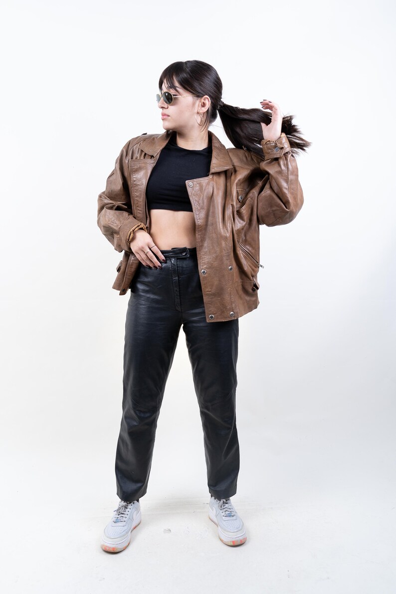 80s vintage leather biker jacket brown cropped waisted moto jacket hard leather jacket with belt 90s aesthetic y2k grunge leather jacket image 2