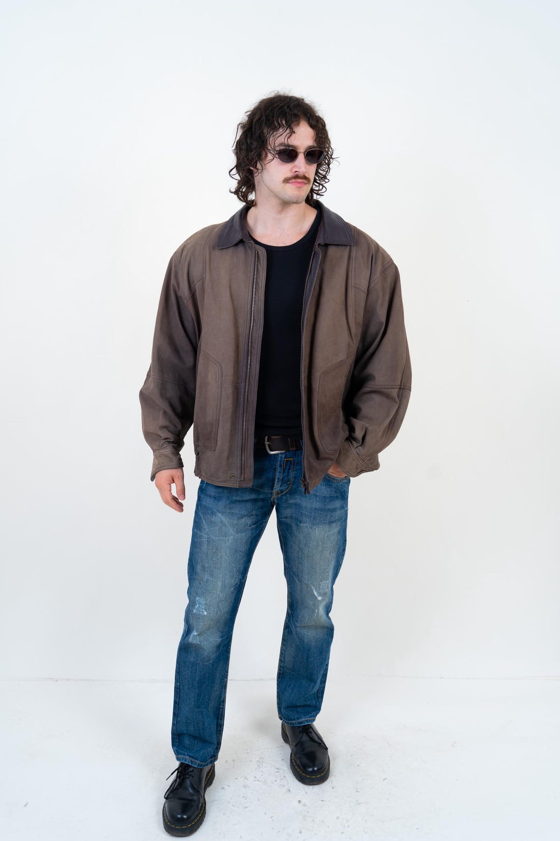 Vintage Lederjacke Herren US L, 80er Jahre Braun Echtleder Bomberjacke Retro Blouson Jacke, foto 2 di 5