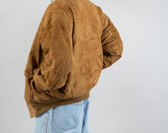 Vintage Suede Leather Bomber Jacket Beige Brown Size L - XL Vintage Suede Leather Bomber Jacket Beige Brown Size L - XL