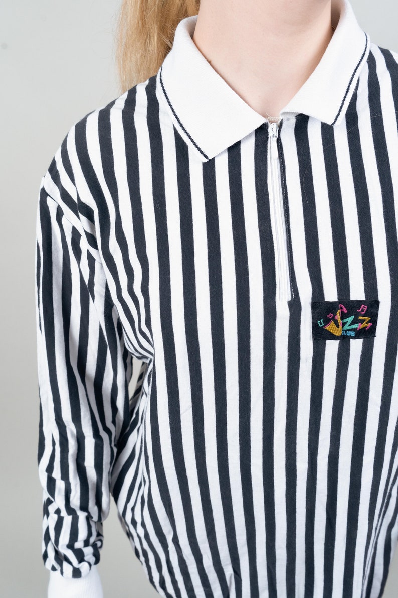 Vintage striped shirt quarter zip black and white striped cotton 80s image 5