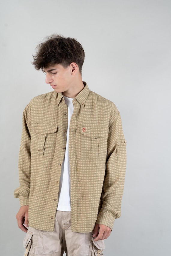 Fjallraven, 80s vintage lumberjack shirt Fjällräven Fjäll Räven button up shirt grandpa shirt beige check pattern gender neutral Size XL cotton 90s