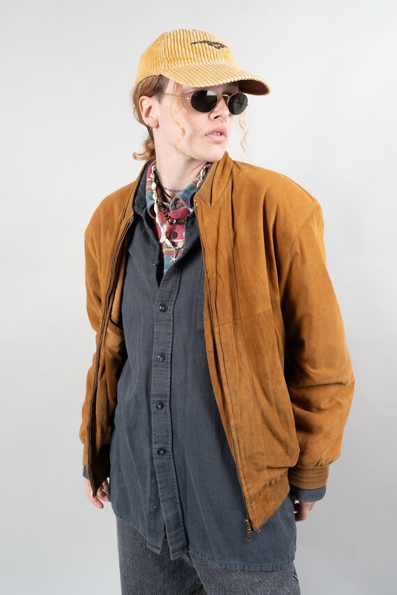 Vintage Suede Leather Bomber Jacket Beige Brown Size M 80s