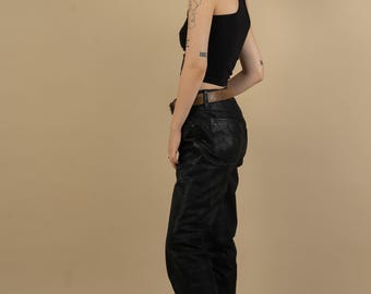 Vintage Leather Pants Black With Pockets High Waist Size S Vintage Leather Pants Black With Pockets High Waist Size S