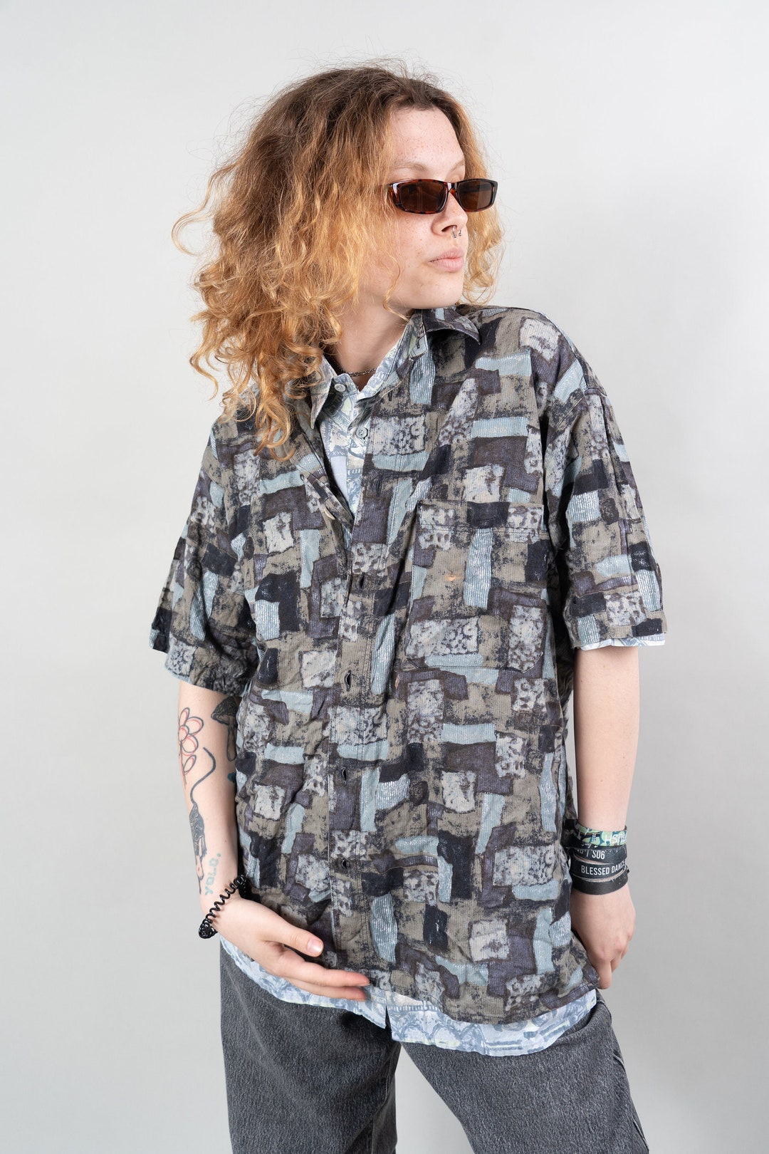 Vintage Cotton Shirt Shortsleeve Check Pattern Size L XL 80s 90s