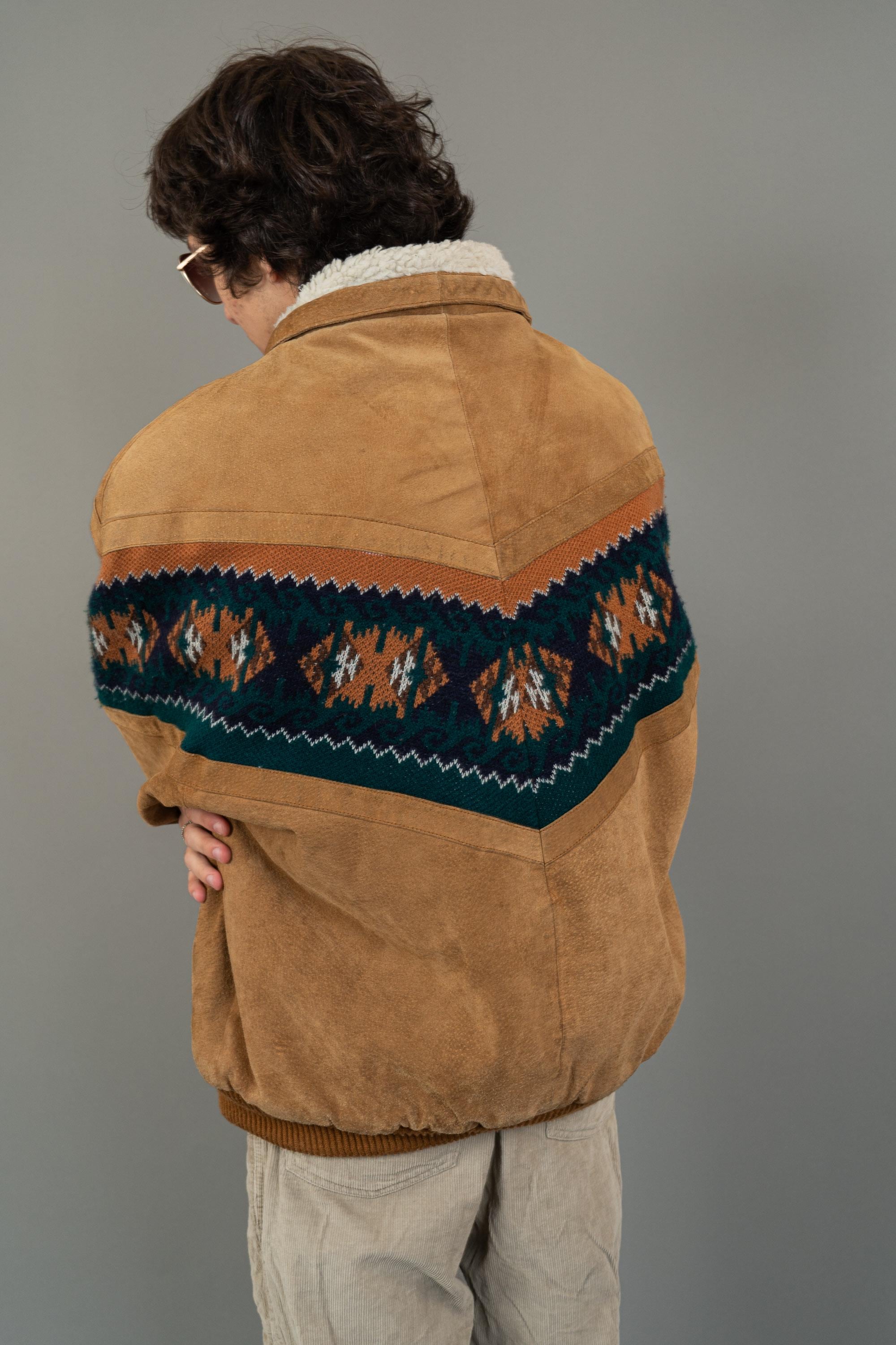 Vintage Aztec Sherpa Bomber Jacket Suede Leather Man XXL Woman