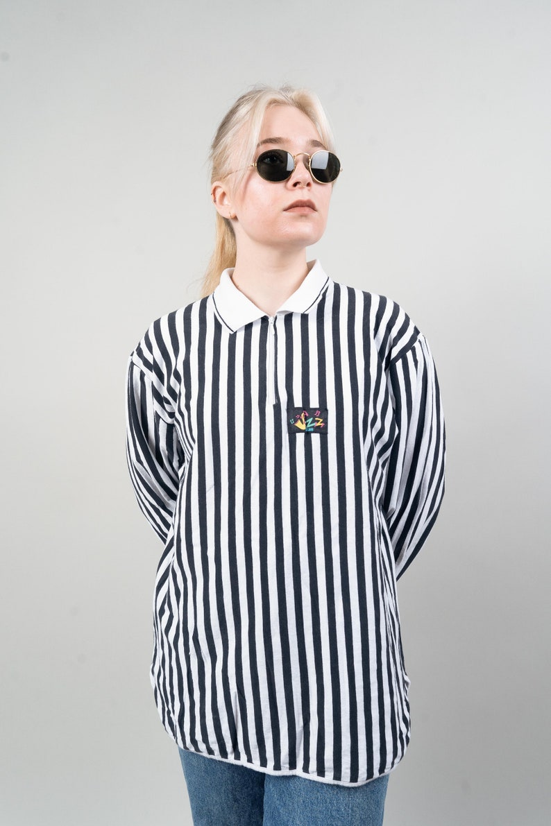 Vintage striped shirt quarter zip black and white striped cotton 80s image 2