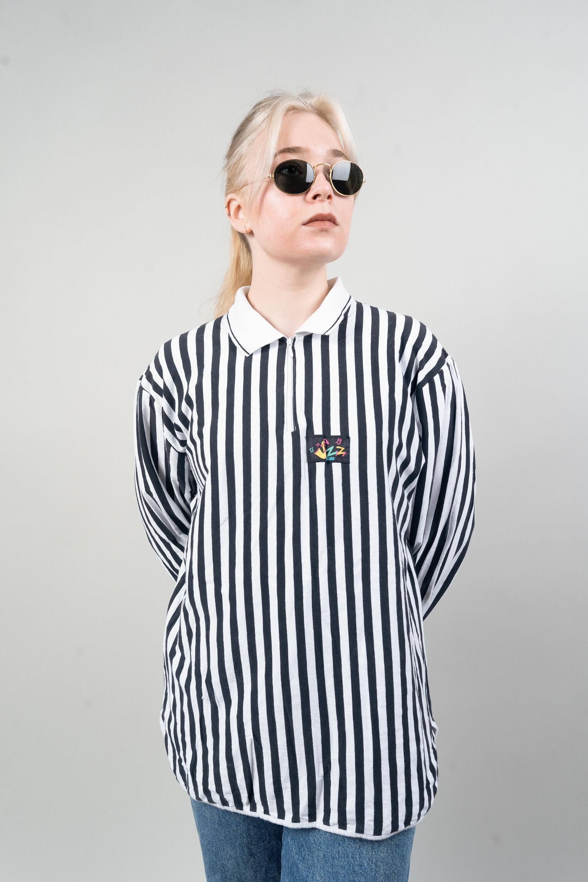 Vintage Striped Shirt Quarter Zip Black and White Striped Cotton