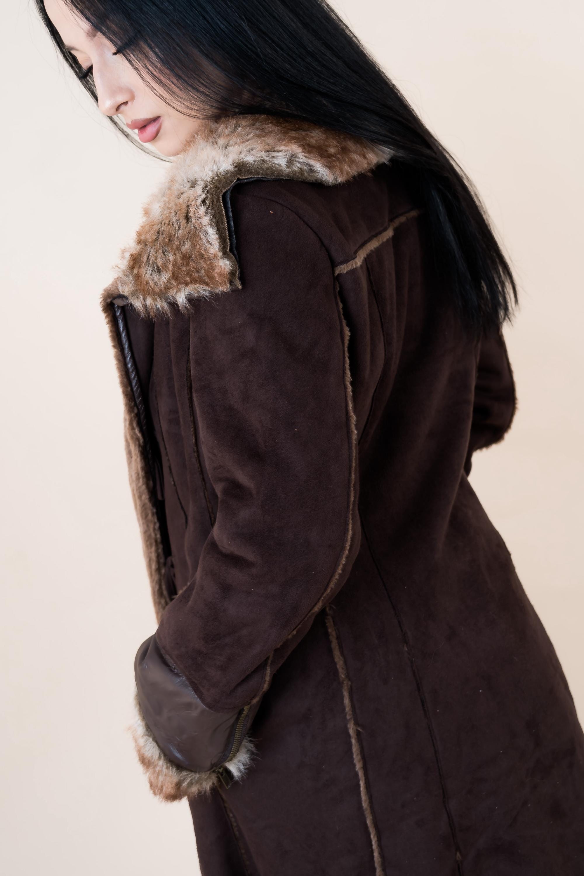 Y2K 2000s Brown Leather & Suede Coat With Fur Hem Details