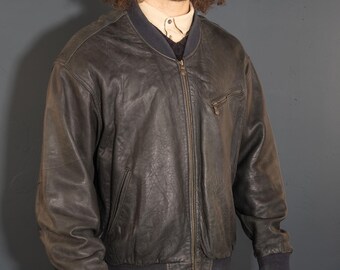 Vintage Bomber Leather Jacket Gray Black Size L / XL Vintage Bomber Leather Jacket Gray Black Size L / XL
