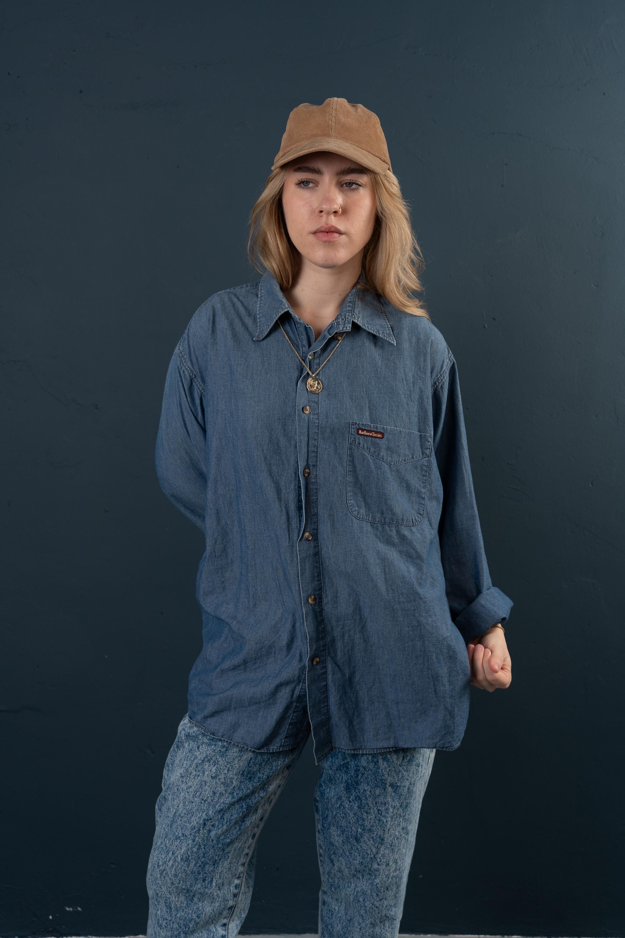 Vintage Denim Shirt Marlboro Dark Blue Wash 90s Gender Neutral