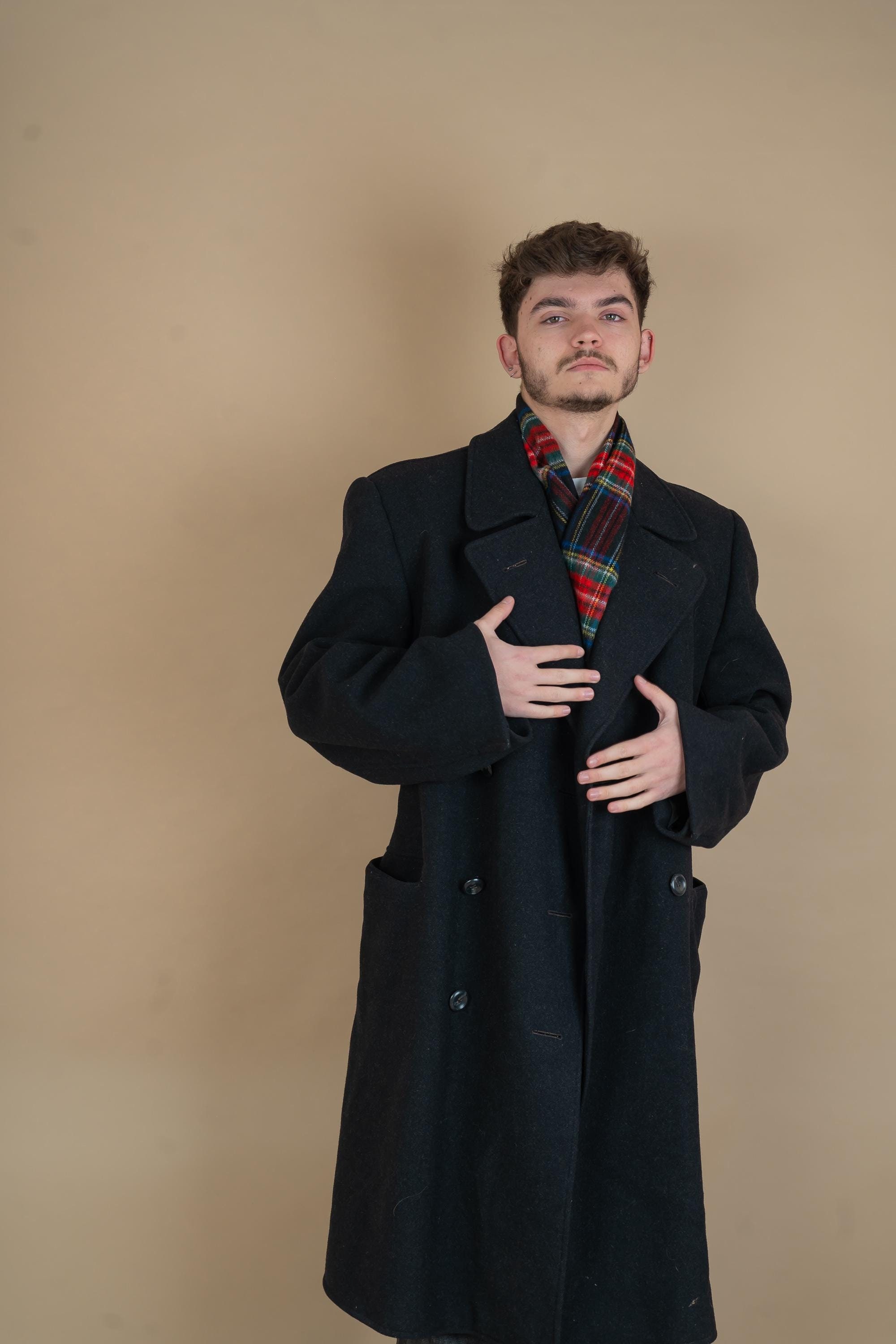 90s Vintage Black Loden Wool Coat, Mens European Overcoat, Size