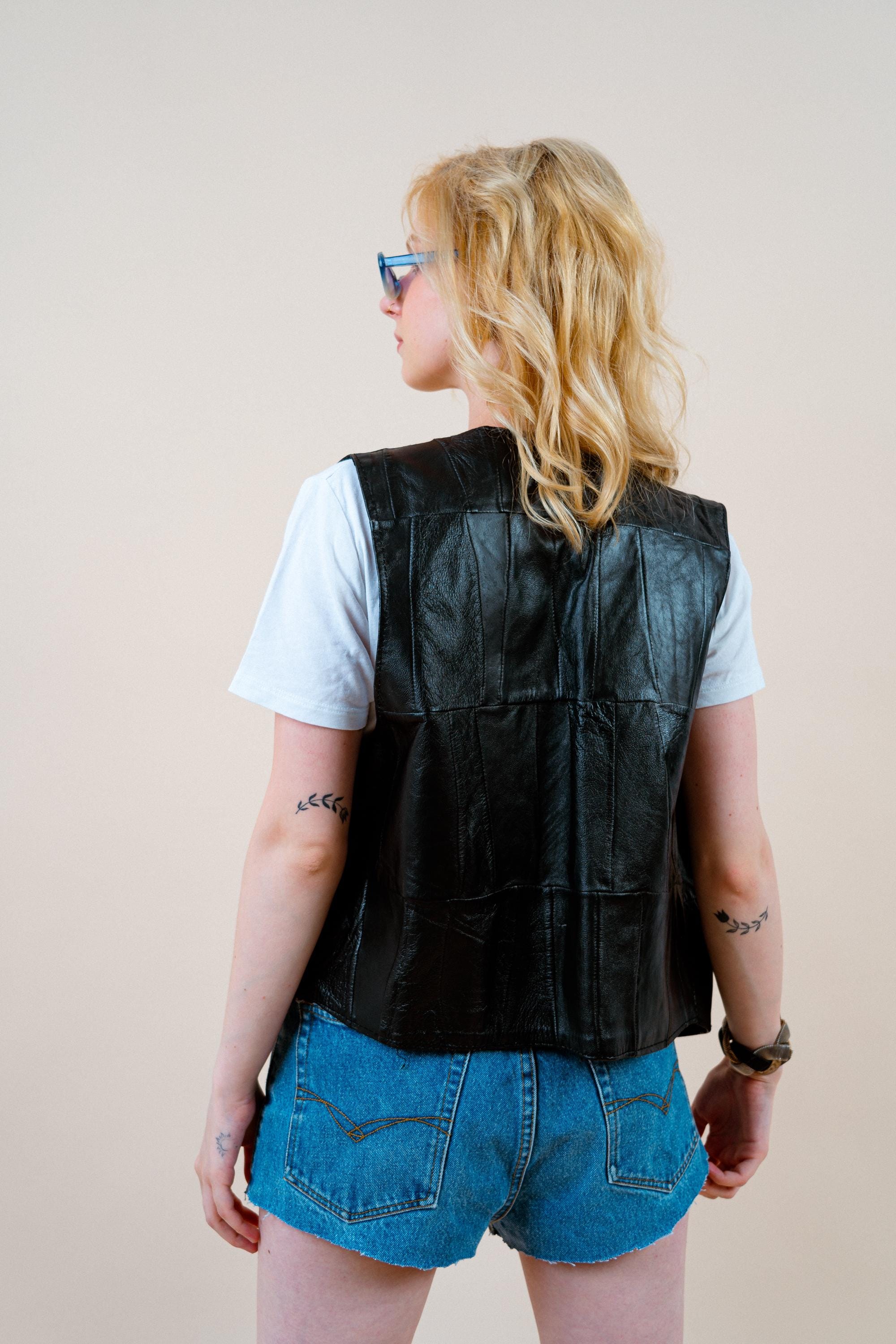 80s Vintage Leather Vest – Black Button-up, Size M – Grunge & Y2K 