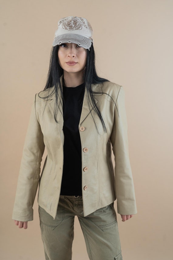 vintage leather jacket beige minimalist genuine leather jacket woman Size M 80s 90s
