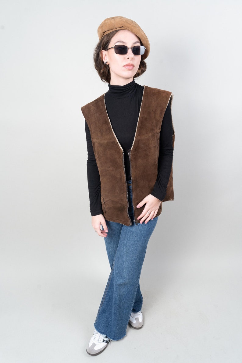 vintage shepherd vest leather wool suede one size crazy pattern navajo 80s 90s image 1