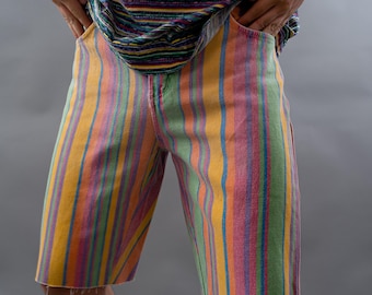 Pantalones cortos vaqueros vintage de hombre de los años 80 – Estampado de rayas arcoíris, talla M, vaqueros retro de verano