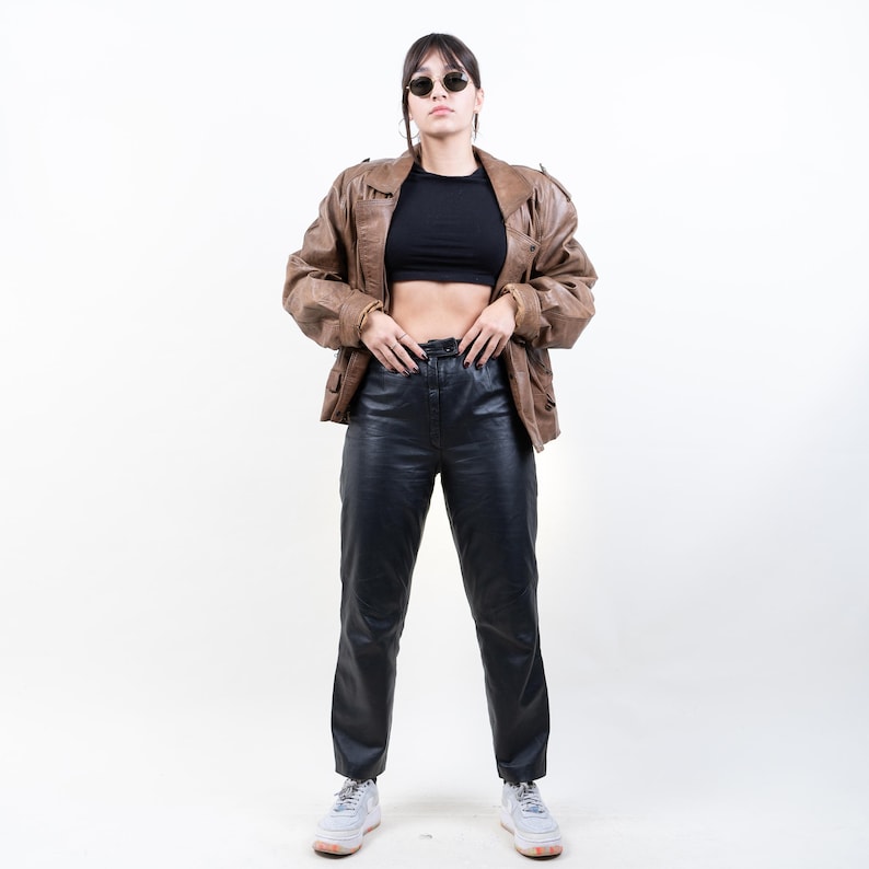 80s vintage leather biker jacket brown cropped waisted moto jacket hard leather jacket with belt 90s aesthetic y2k grunge leather jacket image 1