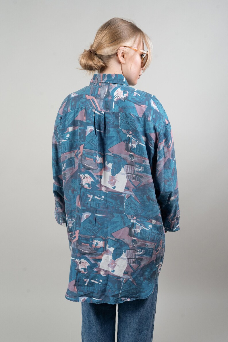 Vintage printed shirt blue crazy pattern oversized hard cotton gender neutral 80s image 4