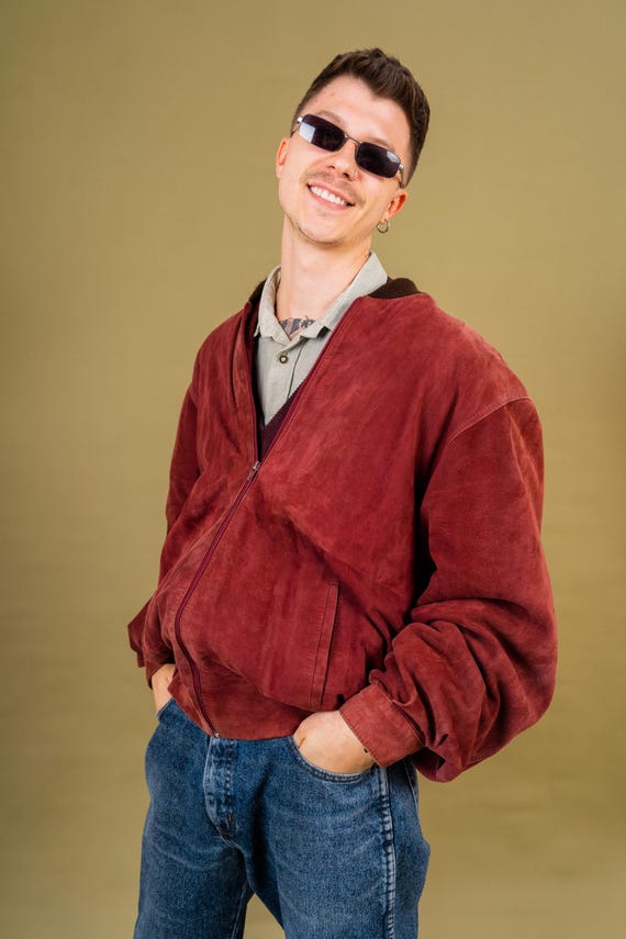 Vintage Red Suede Leather Bomber Jacket | Retro Stylish Outerwear