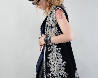 ヴィンテージ VTG ネイビー ブルー シルク ベルベット刺繍ロング