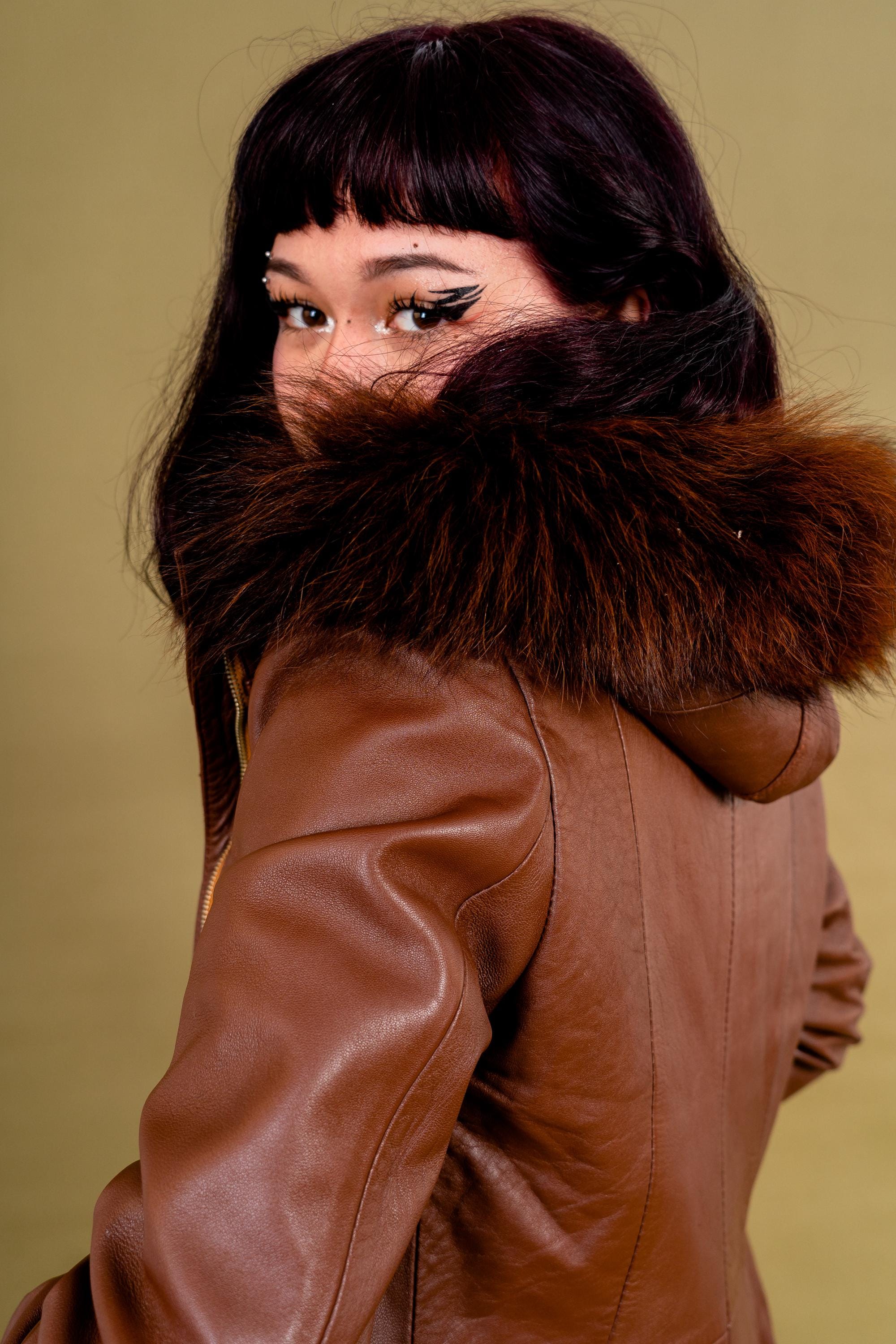 80s SPAIN製 real leather × fur Jacket Y2K Vintage Y2K Brown Leather Coat With Fur Hoodie – Wasted Fit, Size
