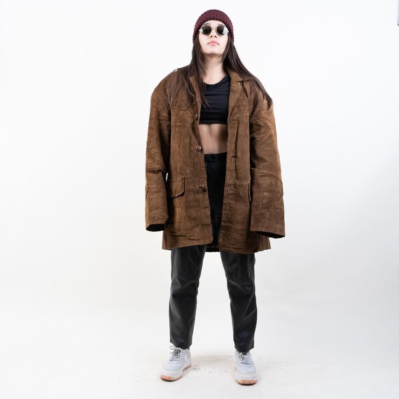 Vintage Leather Suede Jacket Brown Button up Oversized Size