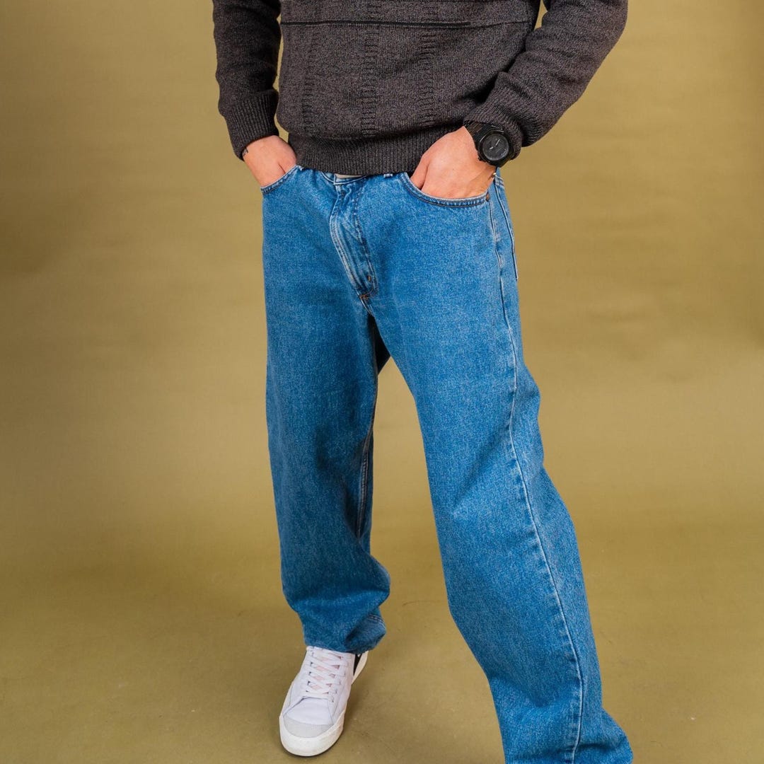 W33 Size L Vintage Jeans Denim Dark Blue Baggy Pants Casual Denim