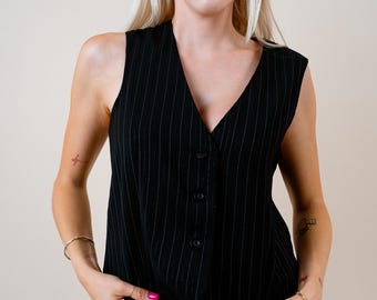 90s Y2K Black Vest With V-neck | Grunge-inspired Button-up Top