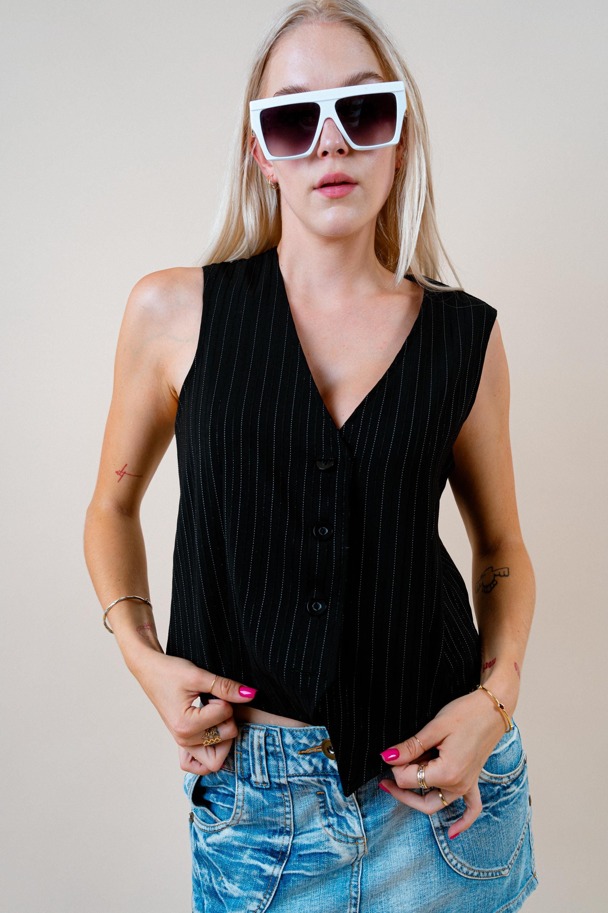 90s Y2K Black Vest With V-neck | Grunge-inspired Button-up Top