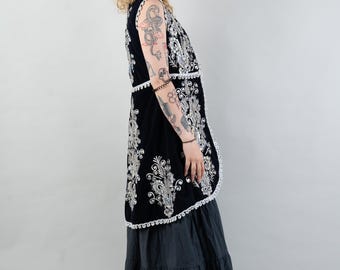 ヴィンテージ VTG ネイビー ブルー シルク ベルベット刺繍ロング