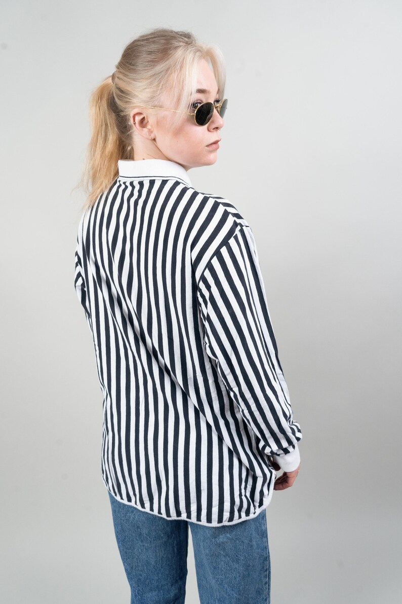 Vintage striped shirt quarter zip black and white striped cotton 80s image 10