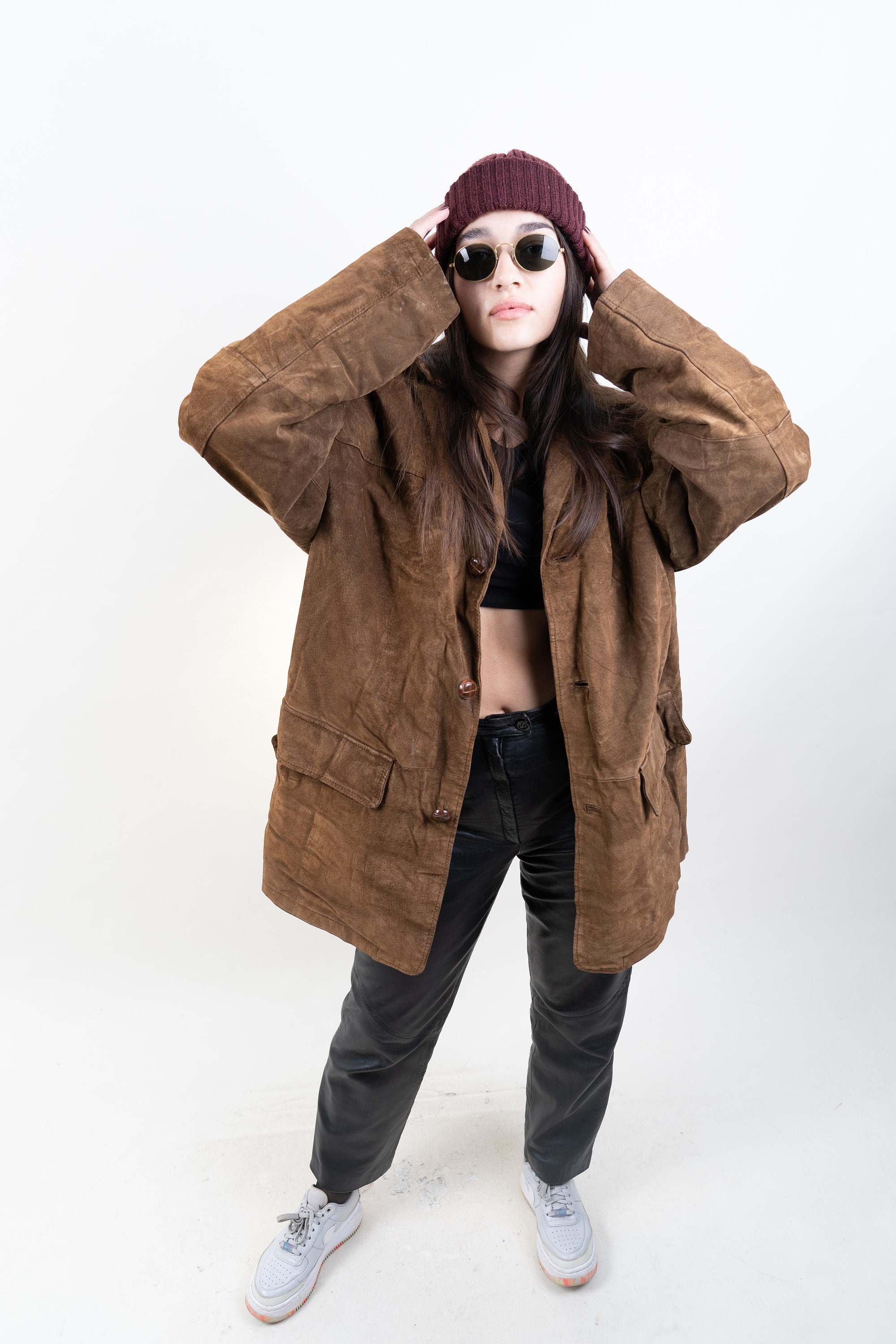 Vintage Leather Suede Jacket Brown Button up Oversized Size Vintage Leather Suede Jacket Brown Button up Oversized Size
