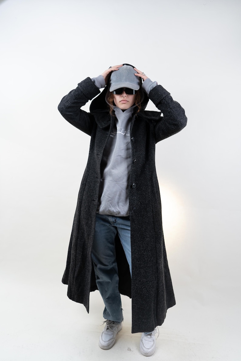 Vintage wool trench coat black hooded Size S / M 80s 90s 画像 1