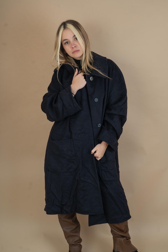 90s Vintage Black Loden Wool Coat, Men EU black overcoat Size extra Large gender neutral minimalist