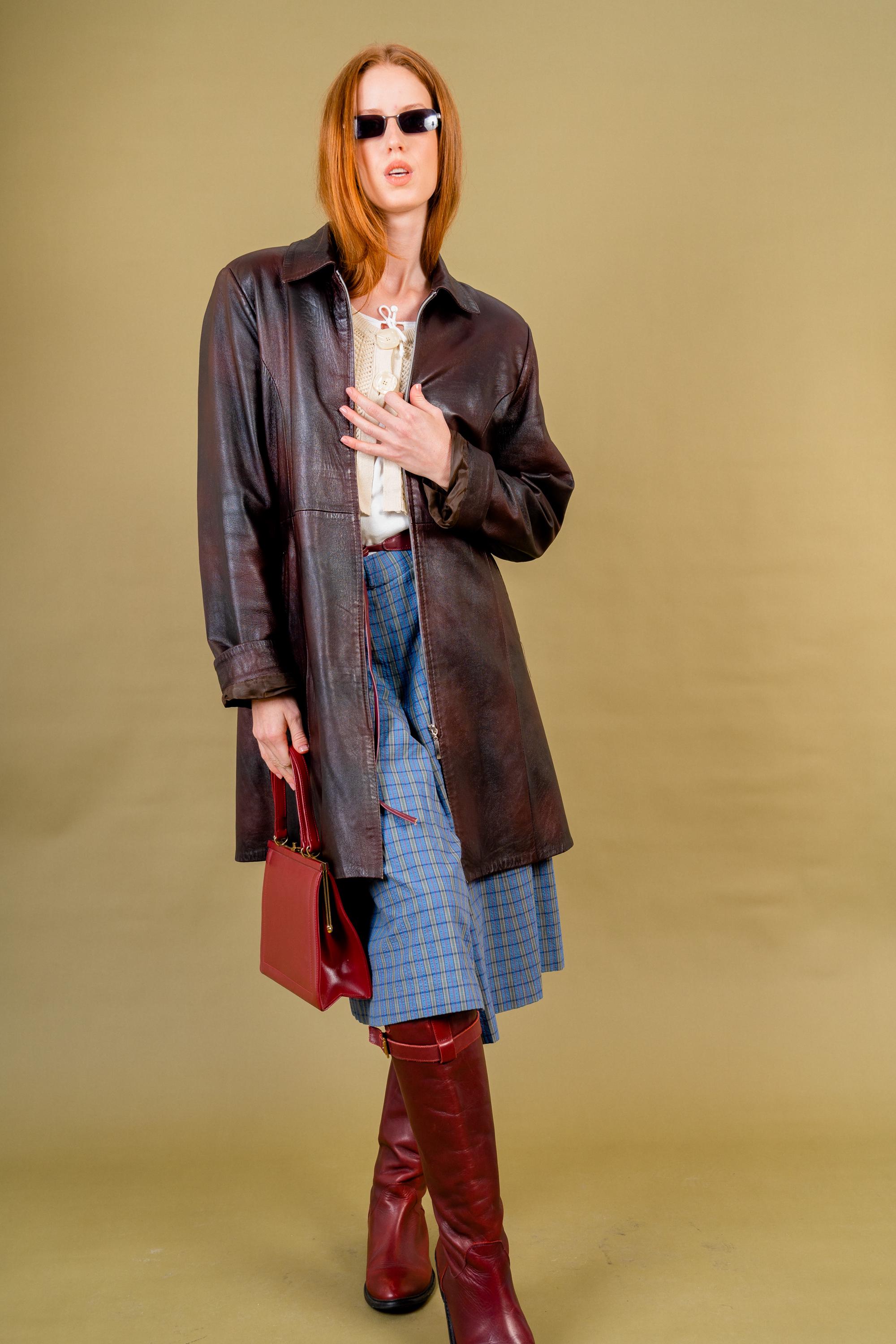 80s Vintage Burgundy Leather Coat – Unisex Leather Jacket for