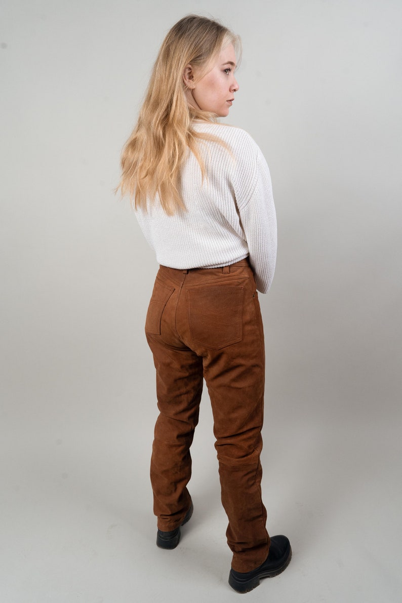 Vintage leather pants brown suede with pockets high waist Size M 80s 90s image 2