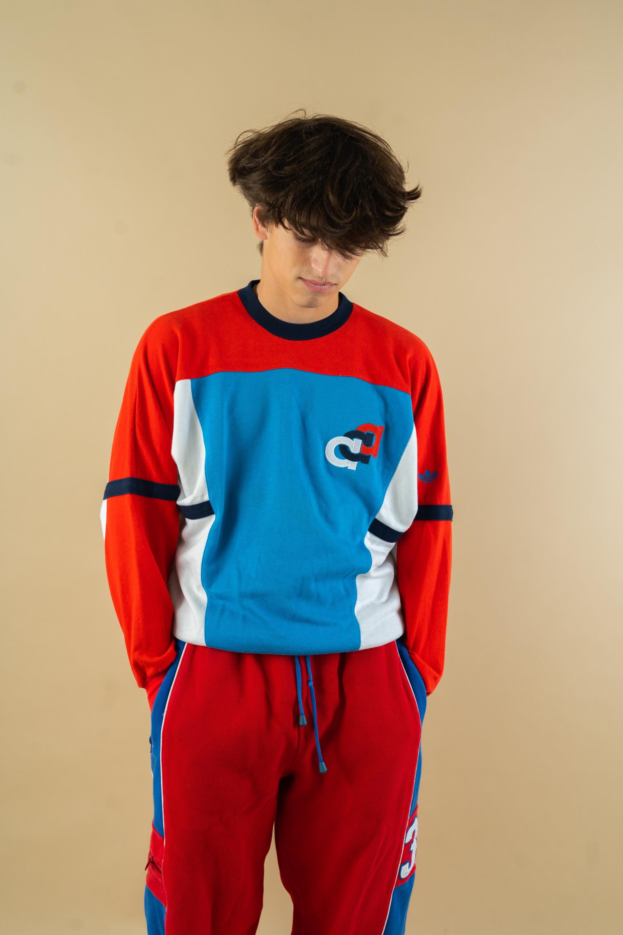 Vintage Adidas Jumper Sweatshirt Light Blue Red White 80s Hard 