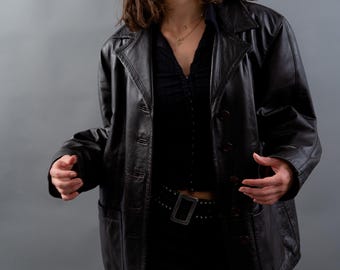 Vintage Leather Jacket Black Parka Size XL Y2k Grunge Style 80s