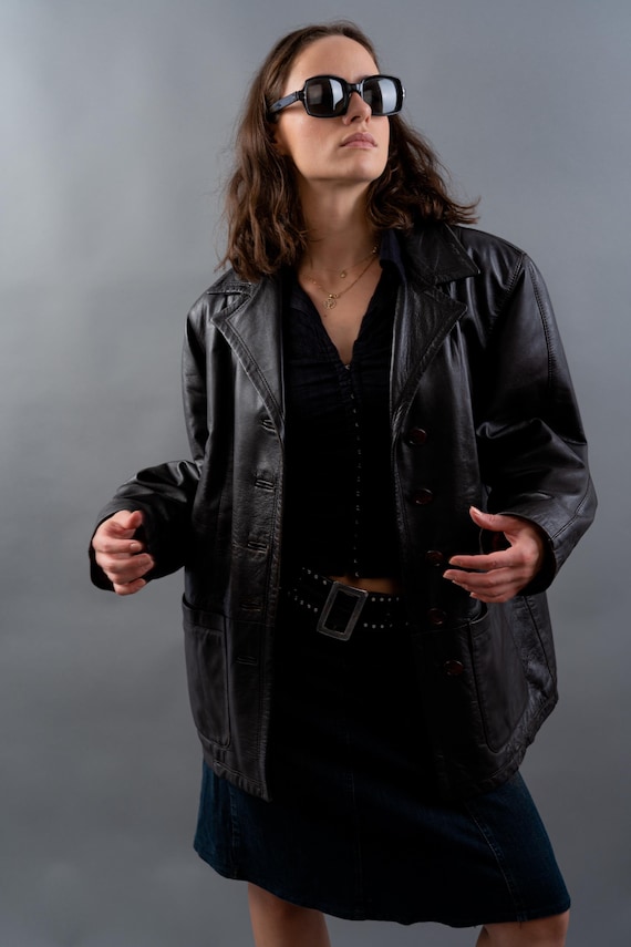 Vintage Leather Jacket Black Parka Size XL Y2k Grunge Style 80s