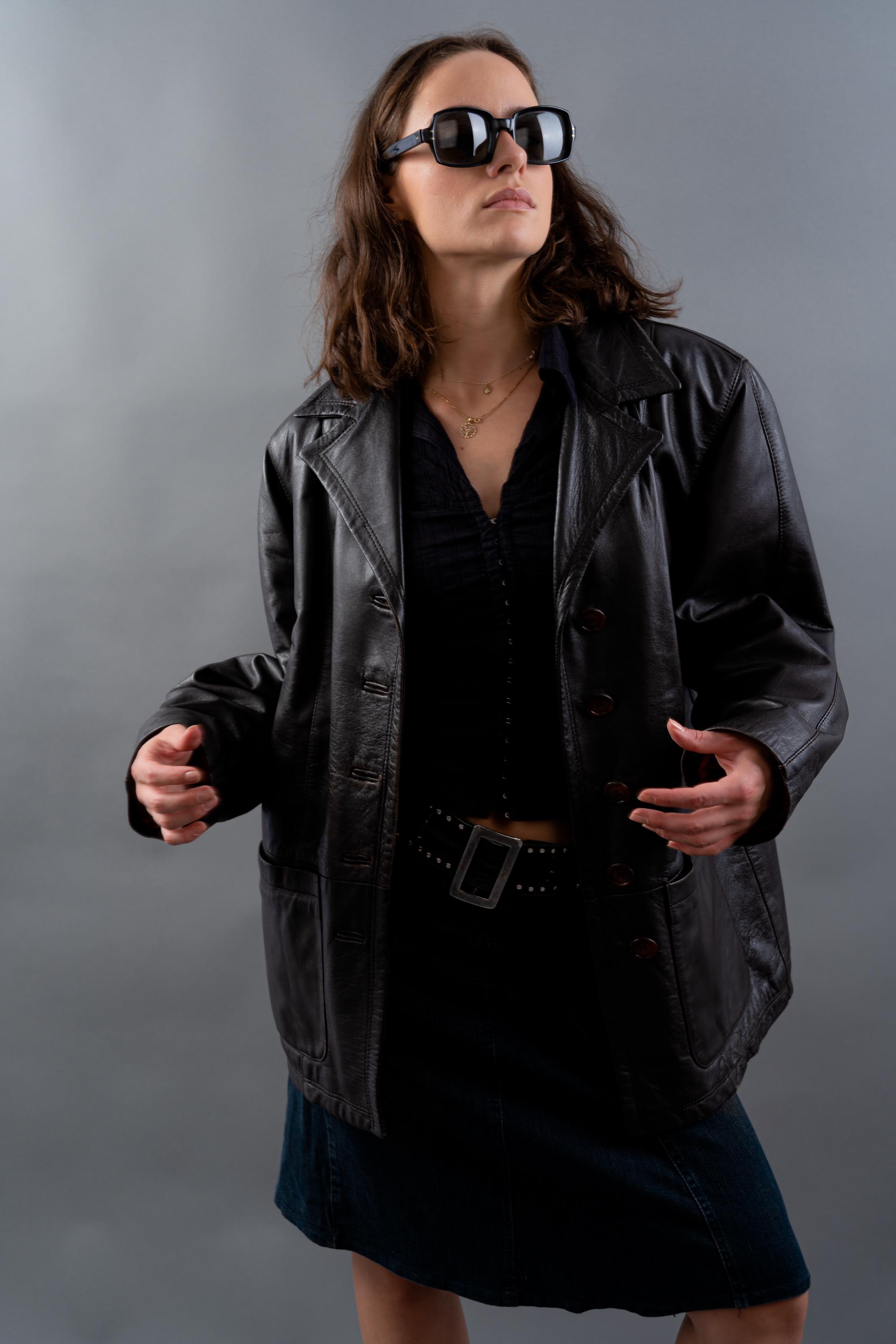 Vintage Leather Jacket Black Parka Size XL Y2k Grunge Style 80s