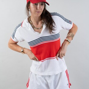 vintage Fila polo shirt 80s white and blue red striped pattern Size S cotton unisex gender neutral nona, nona clothing, vintage,  vintage online shop, gender neutral, vintage for men, vintage for woman, 80s aesthetics, 90s aesthetics, vintage berlin,