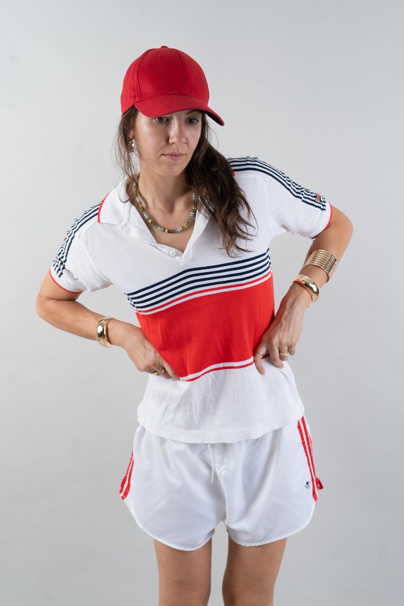 vintage Fila polo shirt 80s white and blue red striped pattern Size S cotton unisex gender neutral nona, nona clothing, vintage,  vintage online shop, gender neutral, vintage for men, vintage for woman, 80s aesthetics, 90s aesthetics, vintage berlin,