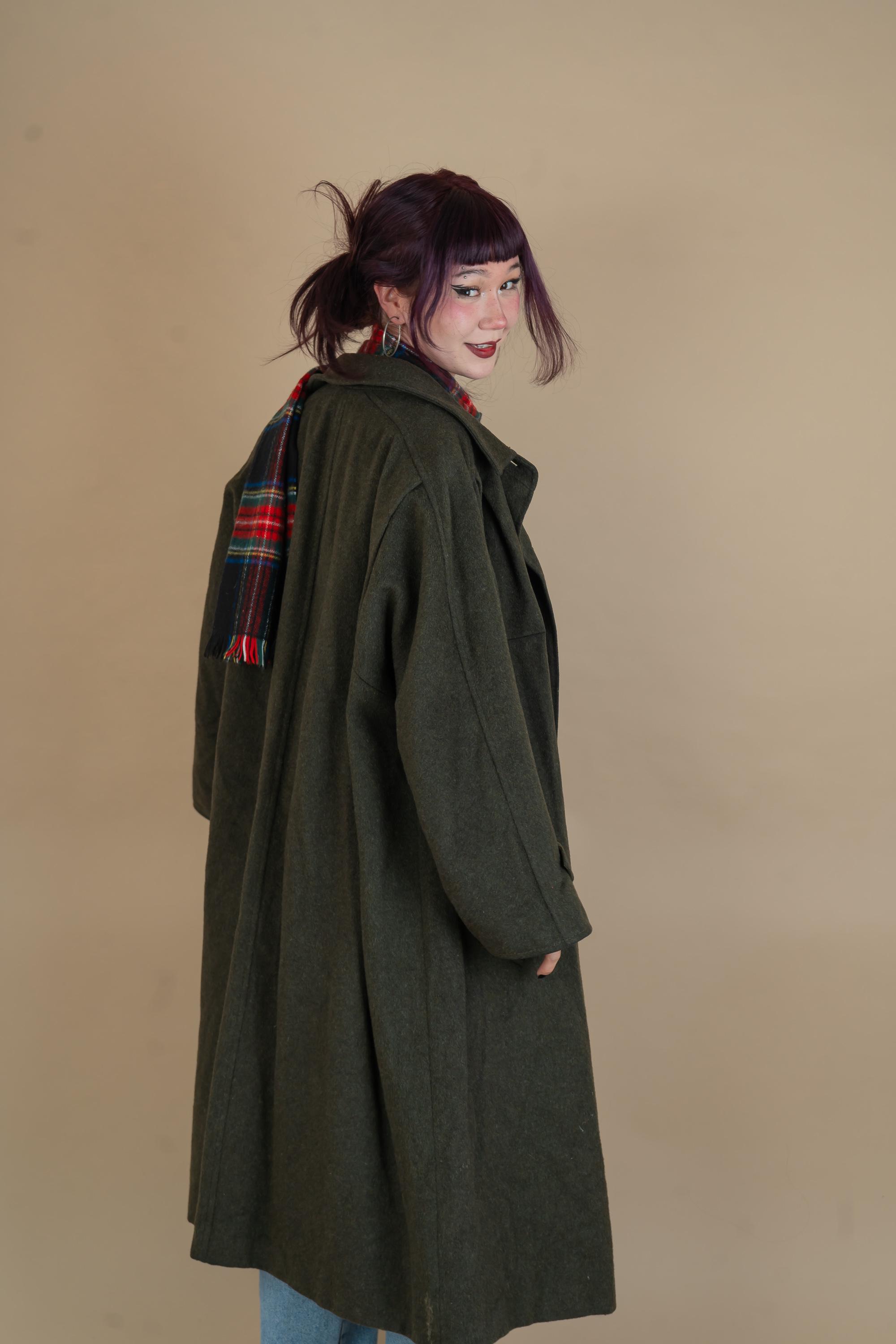 Vintage Green Khaki Wool Loden Coat Oversized 80s 90s Men