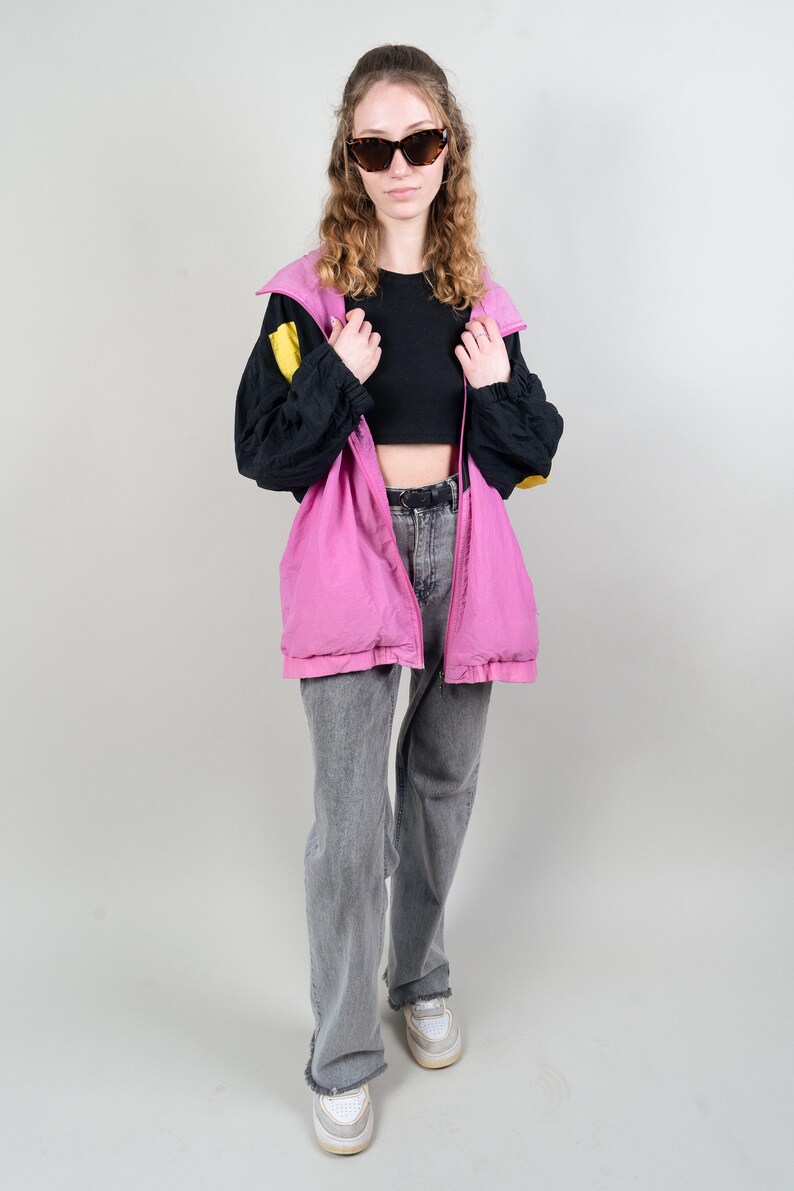 Vintage Size XL Shelljacket Sport Jacket Windbreaker 80s 90s black pink image 8