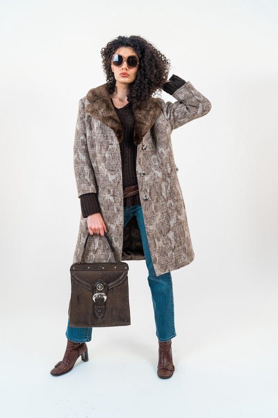 Vintage 80s Tweed Wool Coat for Women – Beige, Size S, Fur Hem - Etsy