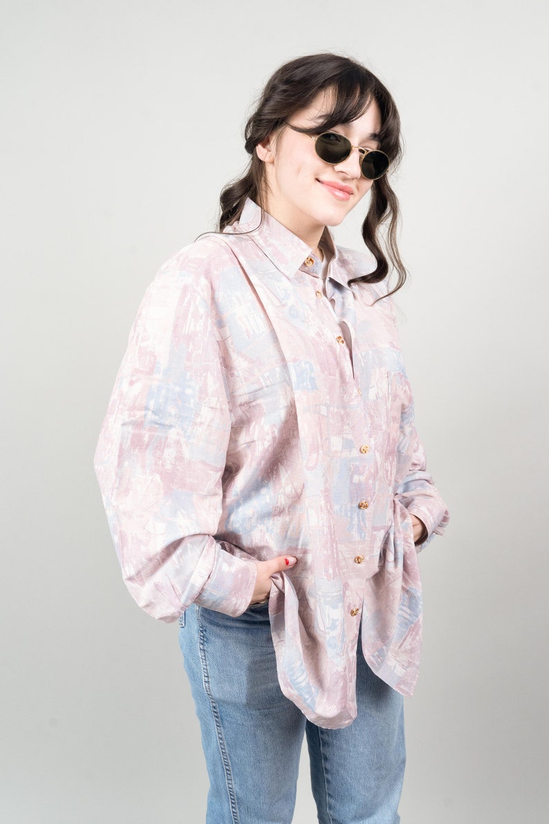 vintage shirt printed shirt pastel abstract pattern cotton Size L 80s 90s image 3