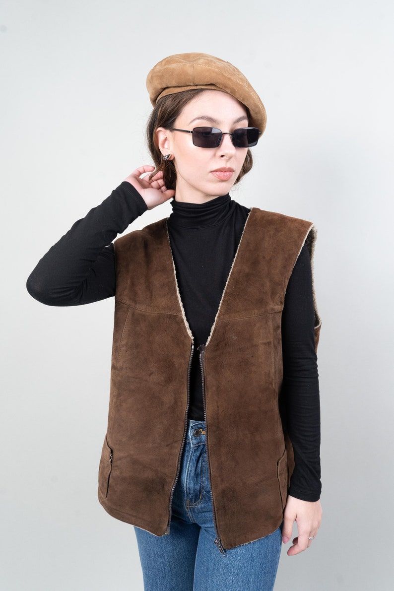 vintage shepherd vest leather wool suede one size crazy pattern navajo 80s 90s imagem 4