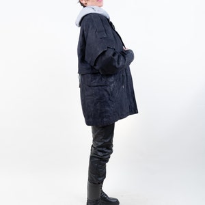 Vintage leather coat suede parka navy blue Size L oversized 80s image 4