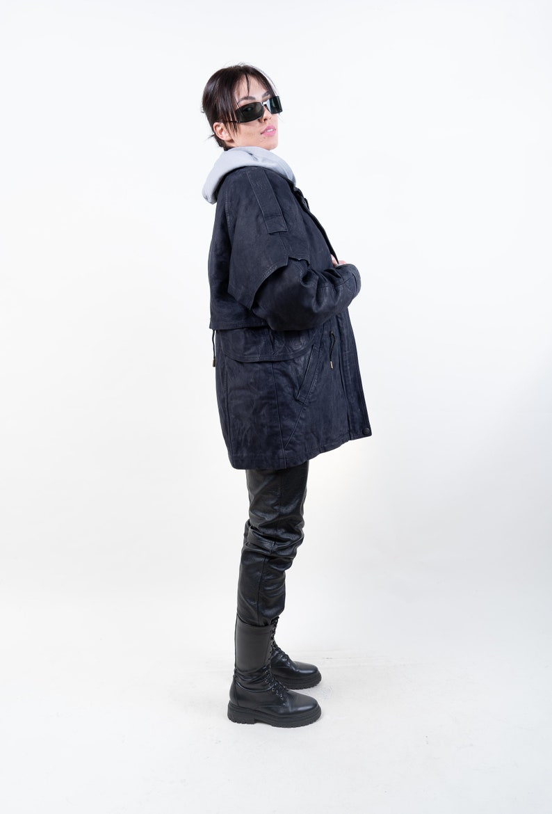 Vintage leather coat suede parka navy blue Size L oversized 80s image 4