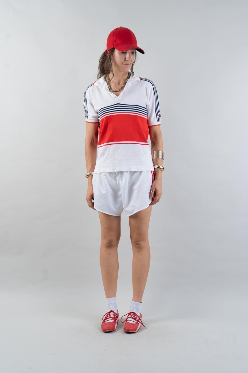 vintage Fila polo shirt 80s white and blue red striped pattern Size S cotton unisex gender neutral nona, nona clothing, vintage,  vintage online shop, gender neutral, vintage for men, vintage for woman, 80s aesthetics, 90s aesthetics, vintage berlin,